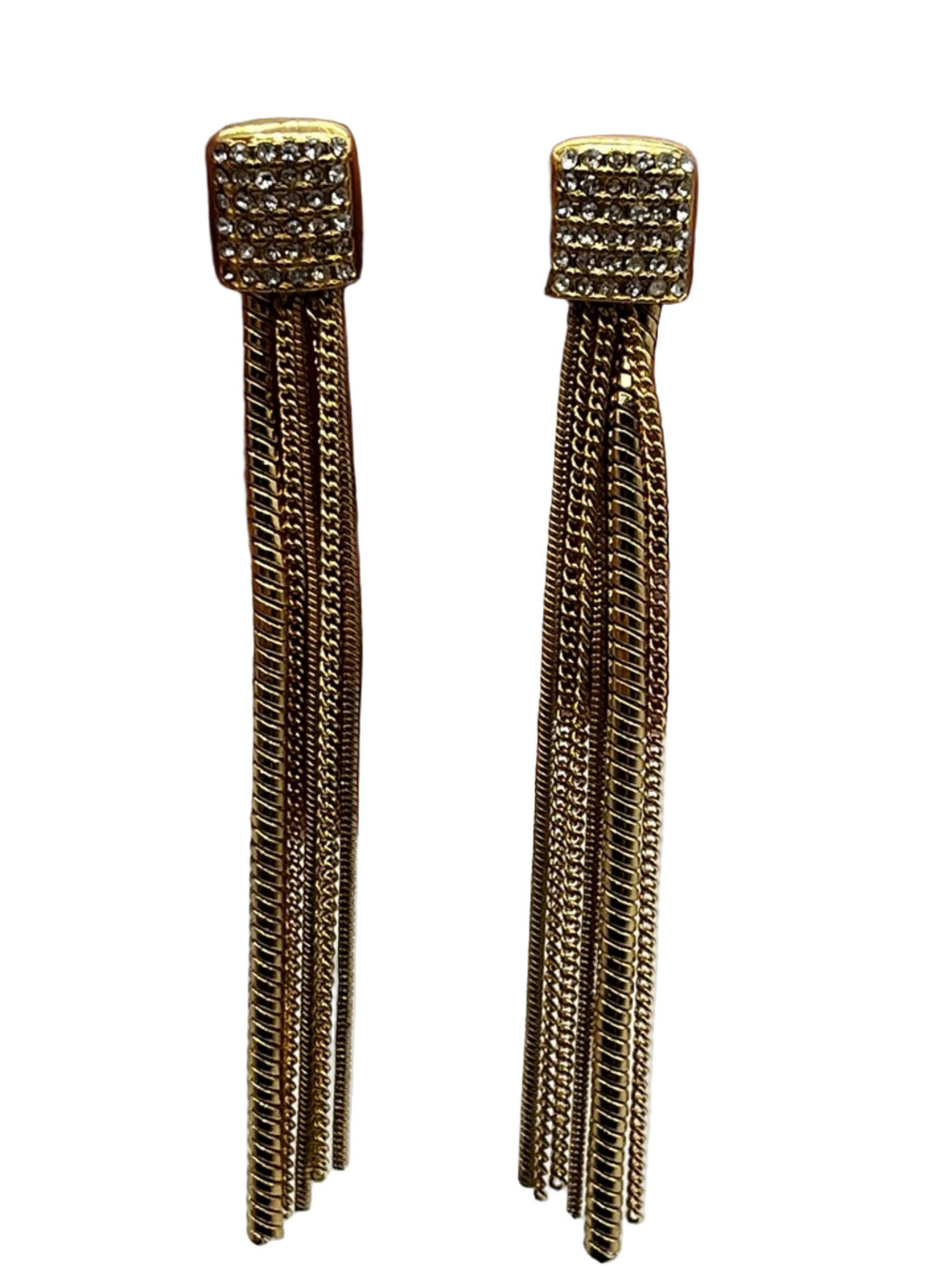 Vince Camuto Clip-On Gold Tone Tassels Rhinestones Earrings Dangle 3" Long Light